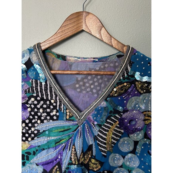 Vintage Shirt Large Floral Silk Beaded Art Wear Artsy Multi Print Sequins Pearl - Picture 2 of 9